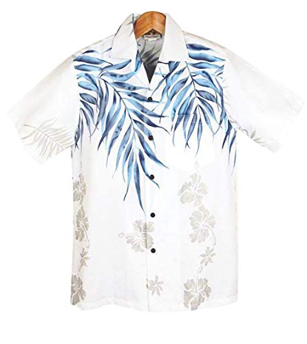 メンズアロハシャツ Winnie Fashion/Hawaiian Togs クリアホワイト/ブルーヤシの柄 ハワイ製 (US XL)