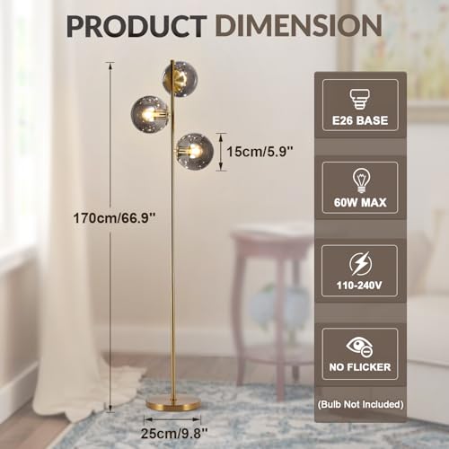 Image of BOKT Mid Century Gold Floor Lamp Modern 3-Light Standing Lamp with Smokey Gary Glass Globe Shade Bright Floor Lamps Office Standing Pole Light for Living Room Bedroom Home Decor