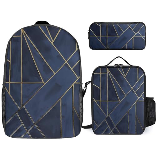 3 Piece Backpack for Women Men Lightweight Causal Daypack Shoulder Bag Set with Insulated Lunch Bag And Pencil Case Organizers Gold Line Style