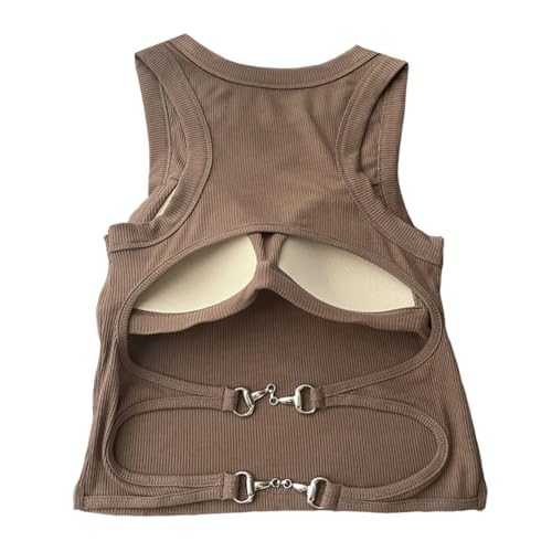 Girls' Cotton Built-up Stretch Sports Bra Girls Tank Top Chic Strappy Backless Top with Built-in Pads Short Top Vest (Coffee)