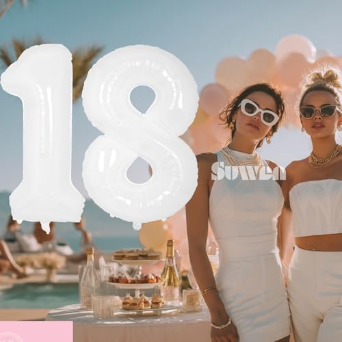 Image of SUWEN 40 Inch White Large 18 Balloon Number Big Foil Helium Numbers 0-9 | Giant Jumbo Happy 18th Birthday Party Decorations for Men or Women Huge Mylar 81 Anniversary Party Supplies