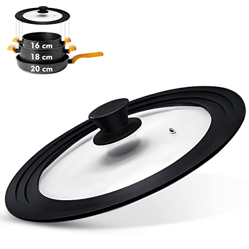 Ydeapi Couvercle Universel - Couvercle Anneau en Silicone pour Casseroles/Poêles de Diamètre 16/18/20 cm, peu Encombrant, Design à Bords Gradués, Trou de Vapeur, Verre, va Lave-Vaisselle