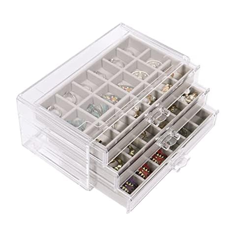 Acrylic Jewelry Box with 3 Drawers Clear Jewellery Organiser Boxes for Women Ring Earring Storage Organiser, Grey Cover