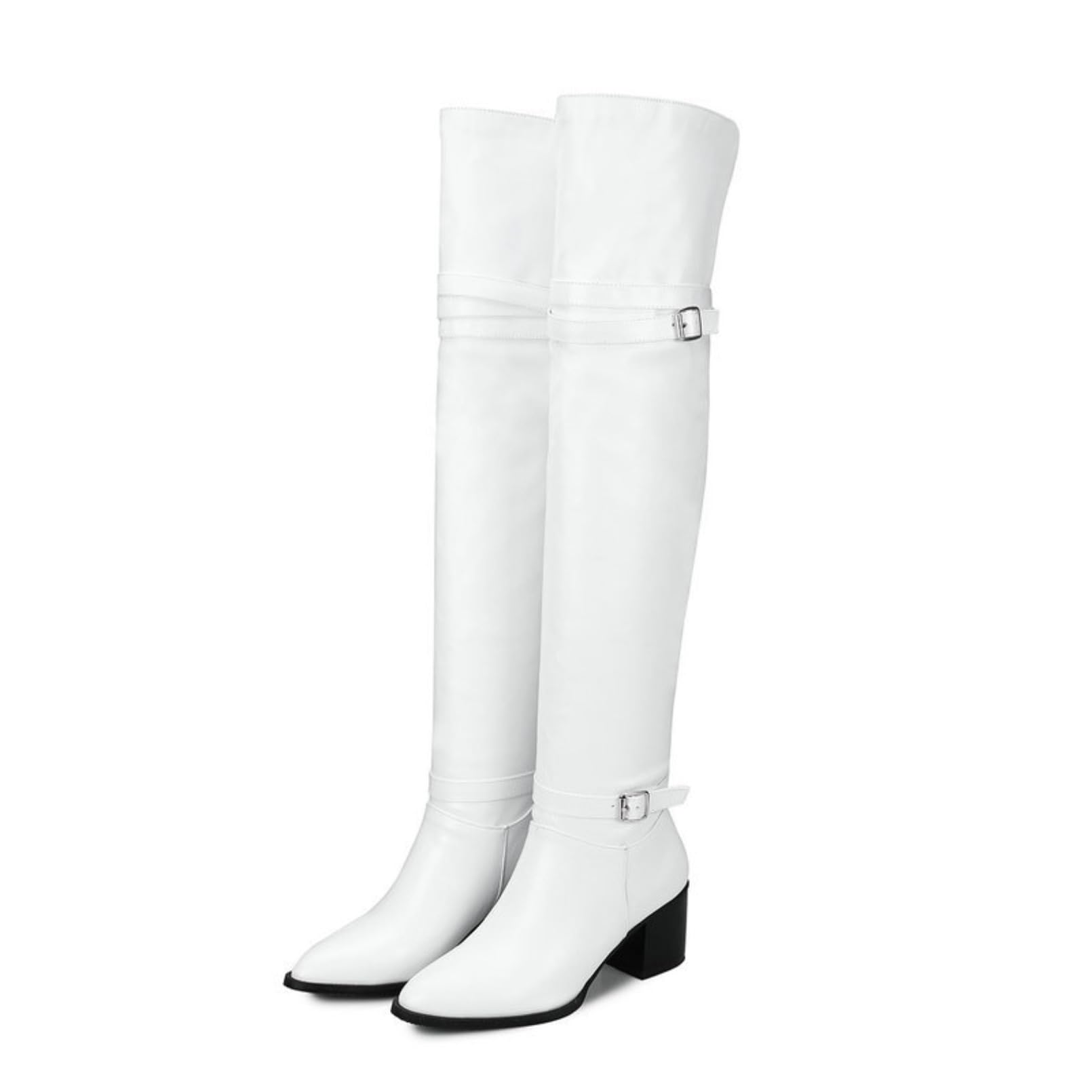 Mujer Botas Altas por Encima De La Rodilla para Punta Afilada Grueso Botas Largas De Cuero PU Slip-On Hebilla Botas Altas Tacón Botas Montar Botas Cálidas De Invierno