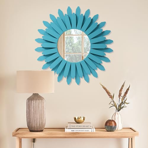 Honiway Beach Wall Decor Mirror 21 inch Wood Coastal Wall Decor Sunburst Boho Home Decor Room Decor for Bedroom Living Room Entryway Cyan - Image 2