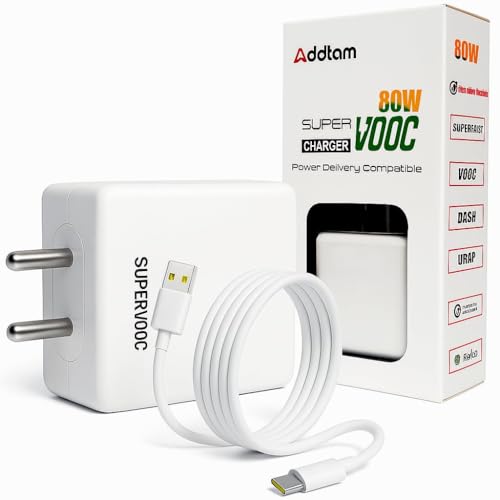 Image of Addtam 80W Supervooc Fast Charger with C-Type 1M Cable|65w USB C Charge Compatible with OnePlus /Nord /Realme /Oppo /Redmi /Tecno /Poco /iQOO /Samsung /Motorola /Lava /Vivo /Infinix |80-watt Charging, White