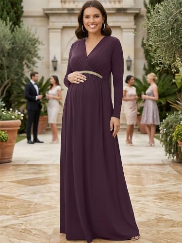 Image of KOH KOH Womens Maternity Long Sleeve V-Neck Flowy Winter Maxi Dress Gown