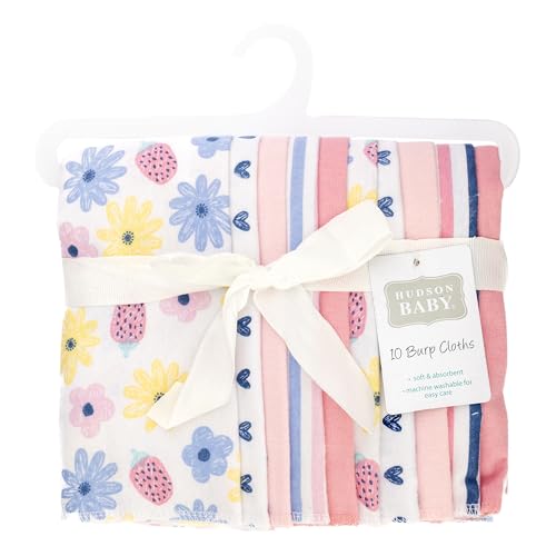 Image of Hudson Baby Infant Girls Cotton Flannel Burp Cloths, Flowers And Strawberries, One Size