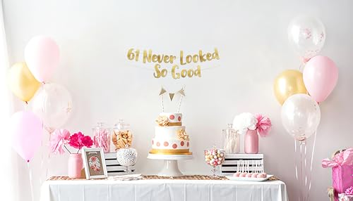 Pre-Strung 61 Never Looked So Good Gold Glitter Banner - 61st Birthday and Anniversary Decorations for Men and Women - Party Supplies and Gifts by Sterling James Co. - Image 2