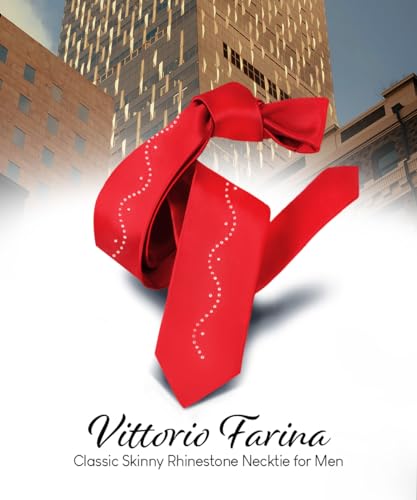 Vittorio Farina Slim Skinny Rhinestone Ties for Men & Women - Glitter Sparkly Ties (Red)