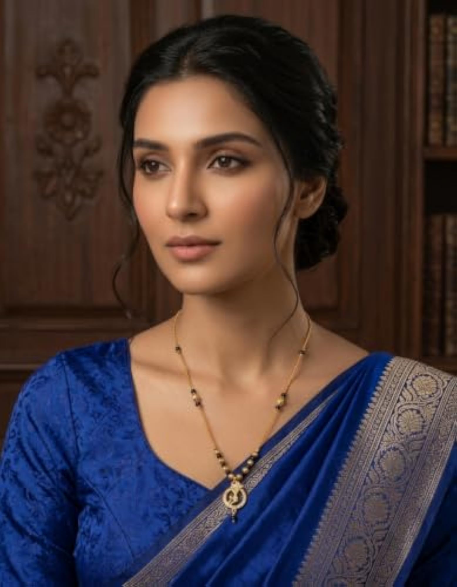 Women's Designer Gold Plated Mangalsutra with Black Beads and American Diamond Pendant
