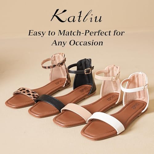 Image of katliu Women's Ankle Strap Flat Sandals One Band Dressy Sandals Square Open Toe Sandals for Summer with Back Zipper