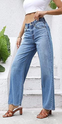 OFLUCK Women's Boyfriend Baggy Jeans High Waist Wide Leg Straight Denim Pants with Pockets2