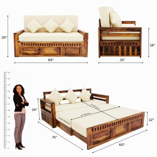 Image of SONA ART & CRAFTS Kuber Sheesham Wood Sofa Cum Bed 3 Seater with Storage and Side Pockets for Living Room Organizer Furniture Sofa Bed Home, Bedroom (Natural Finish)