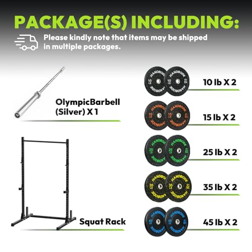 Image of HANDBODE Squat Rack, 7ft Barbell, Weight Plates Set 260 lb, Home Gym Equipment, Silver