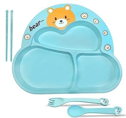 KELLY MILLER Tableware Set for Kids - Bear Bamboo Dinnerware Feeding Set for Kids, Plate and Spoon Baby Feeding (Multi Color/Model's Color Available as per Stock) (BUBU BESR RS-8023)