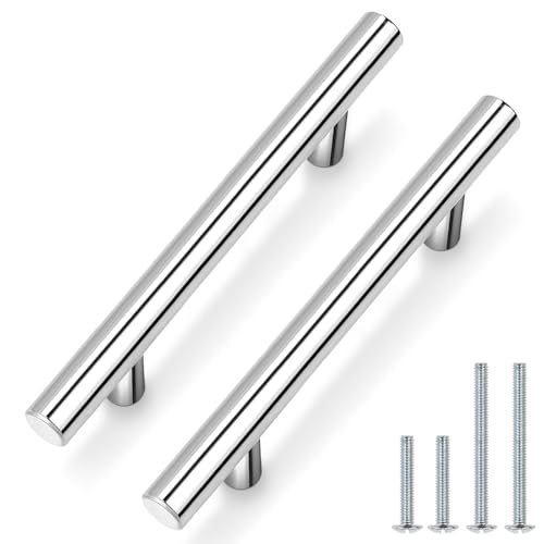 Image of Probrico 12 Pack Polished Chrome Cabinet Pulls 4 Inch Hole to Hole, Round Bar Kitchen Cabinet Handles Stainless Steel Cabinet Hardware for Kitchen Bathroom