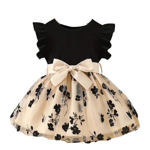 Image of Girls Black & Beige Floral Party Dress with Bow | Flutter Sleeve Top & Tulle Skirt | Elegant Birthday & Wedding Frock for Kids(GW-227)