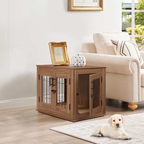 beeNbkks Furniture Style Dog Crate End Table, Double Doors Wooden Wire Dog Kennel with Pet Bed, Decorative Pet Crate Dog House Indoor Medium Large - Image 3
