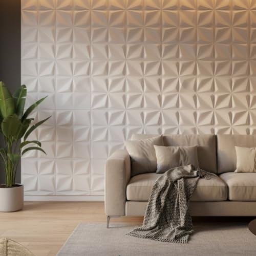 Image of Kayra Decor 3D Wall Panel PVC Flower Design,White Color Size is 19.7 inch x 19.7 inch (Pack of 40) Covers 107.60 Sq Feet - D006-1 PVC Panel for Home Kitchen Living Room Gaming Room and Office Decor