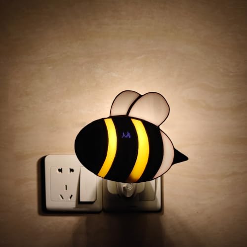 Image of CHEZBABY Stained Glass Night Light Plug into Wall Lamp Decorative Accent Nightlight for Hallway Bedroom Bathroom Kitchen Home Decor(Bumblebee)