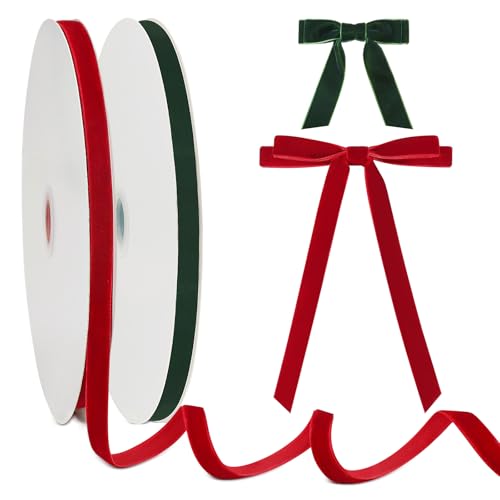 Shining She Cinta de terciopelo de 25 yardas, lazo de terciopelo rojo y verde para lazos de Navidad, cinta de regalo para regalos de Navidad, cinta decorativa para lazos para árbol de Navidad