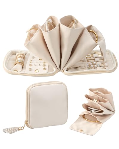 Lolalet Joyero de Viaje, Estuche Organizador de Joyas Pequeño con Compartimentos, Bolsa para Mujeres Viajeras, Para Guardar Collares, Aretes, Pulseras - Blanco Nube