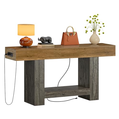 Image of 63 inch Entryway Table with Smart RGB Lights and Charging Station, Narrow Console Table with App-Controlled and Music Sync, Farmhouse Entry Way with Open Storage for Living Room, Hallway, Behind Couch