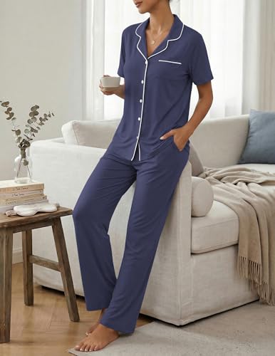 Image of ZMJ Womens Pajamas Sets 2 Piece Button Up Pj Sets Short Sleeve with Long Pant