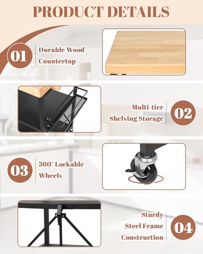 Image of Mythinglogic Foldable Kitchen Cart with Wheels, Rolling Kitchen Island with Wood Top, 3-Tier Microwave Stand Coffee Bar Cart with Side Storage Rack, Black