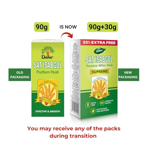 Image of Dabur Sat Isabgol (Psyllium Husk) - 90g | Rich in Fiber | Provides Effective Relief from Constipation & Bloating | Promotes Bowel Health | Non-Habit Forming | 100% Ayurvedic