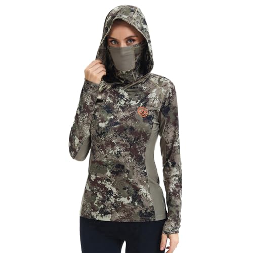 BASSDASH Womens UPF 50+ Camo Hunting Hoodie with Neck Gaiter Breathable Performance Long Sleeve Fishing Hooded Tee FS03W