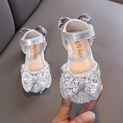 Girls' Sandals Fashion Spring and Summer Girls' Sandals Dress Dance Show Princess Shoes Flat Bottom Rhinestone Mesh Bow (Silver-1, 12 Little Child)3