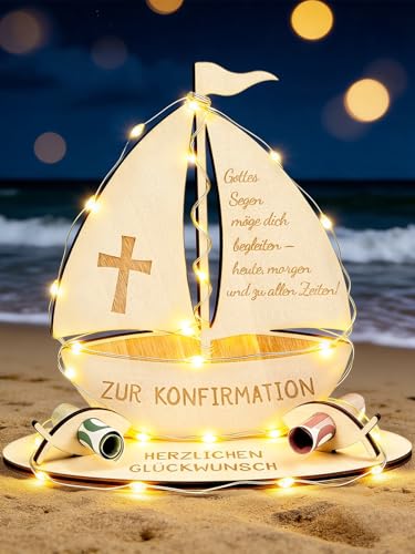 Leboria Konfirmation Geschenk Junge Mädchen, Holz Geldgeschenk mit Lichterketten, Kreative Konfirmationsdeko & Konfirmationsgeschenk für Mädchen & Jungen