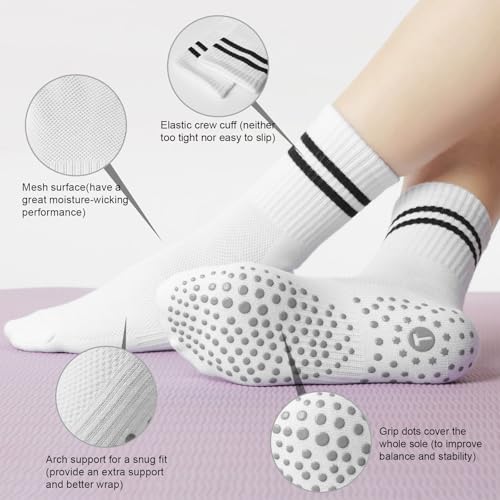 Image of Toes Home Pilates Socks for Women with Non Slip Grippers, Yoga Crew Socks for Barre Hospital Sticky Slipper Socks 4 Pairs
