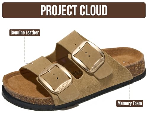 Image of Project Cloud 100% Genuine Leather Flat Sandals for Women 2026 Comfortable Beach Essentials Womens Sandals Memory Foam Vacation Essentials Slides for Women Footwear (Santorini)