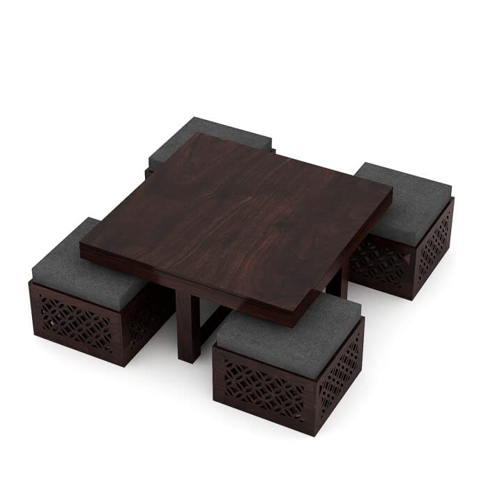 Image of Douceur Furnitures Solid Sheesham Wood Coffee Table with 4 Cushioned Stools for Living Room, Home, Guest Room, Office, Hotel & Cafe | Walnut Finish | Grey Cushions