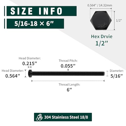 Image of 5 /16-18 x 6 inch Hex Head Bolts Black, 304 Stainless Steel 18-8 Hexagon Head Screws Bolts, Black Oxide Finish, Allen Hex Drive, 10 PCS