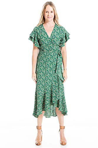 Max Studio Women's Crepe Ruffle Short Sleeve Wrap Midi Dress, Green/Yellow Small Swirling Daisy, Medium #TOP4