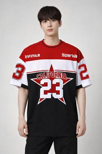 Image of Men's Polyester Oversize Printed T-Shirt, Color Block, Round Neck, Regular Fit, Urban Streetwear Theme