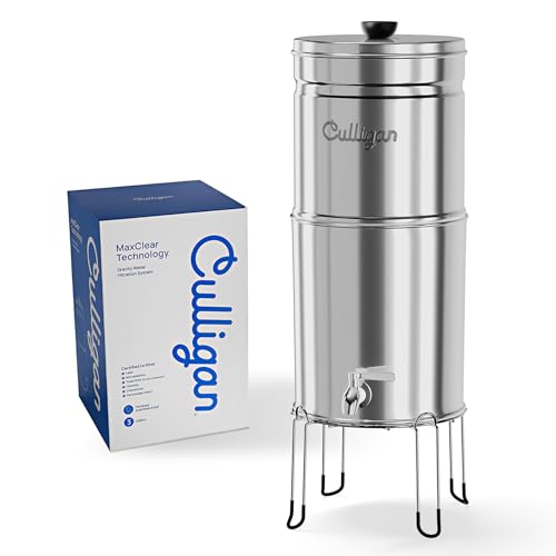 Image of Culligan MaxClear 3 Gallon Gravity Water Filter System, Polished Stainless-Steel Countertop Water Filter NSF /ANSI Certified to Reduce Microplastics, Lead & Total PFAS, with 6 Ceramic Filters