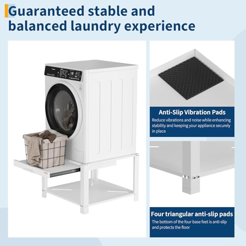 Image of Garvee 29 inch Wide Laundry Pedestal for Washer and Dryer with Pullout-Shelf, Pedestal Universal Fit Anti-Vibration Washing Machine Stand with Base Storage, 800 lbs Capacity, White