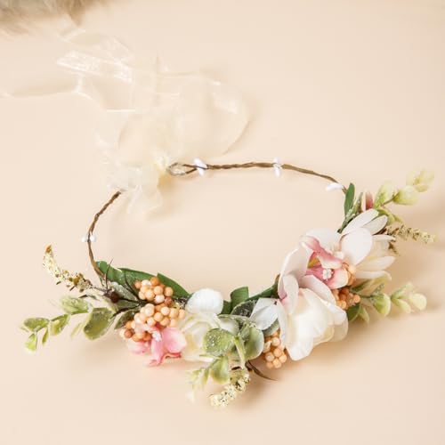 Image of Radhu & Kabby White & Blush Pink Floral Hair Tiara for Women | Delicate Artificial Flower Crown with Ribbon Tie | Elegant Headpiece for Weddings, Parties & Photoshoots | Lightweight | 1 Piece