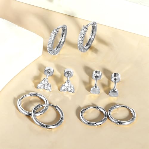 Image of SANNIDHI 5 Pairs Earrings Set for Women Girls Stylish Hypoallergenic Surgical Flat Back Stud Earring Stainless Steel Cartilage Earrings Combo for Multiple Piercing