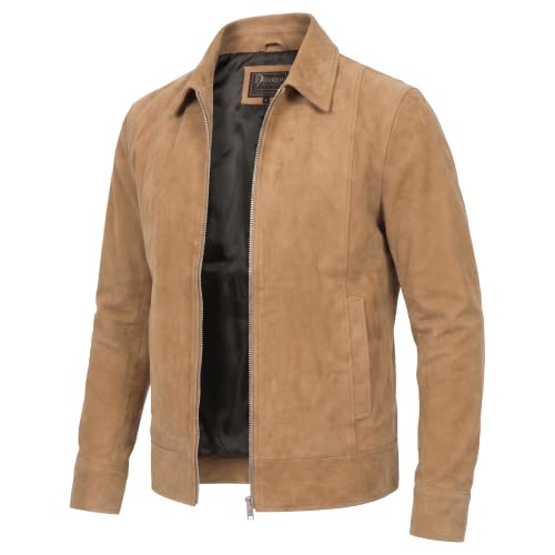 Image of Mens Polo Collar Zipper Suede Shirts Long Sleeve Shacket Suede Trucker Jacket Real Suede Leather Shirt