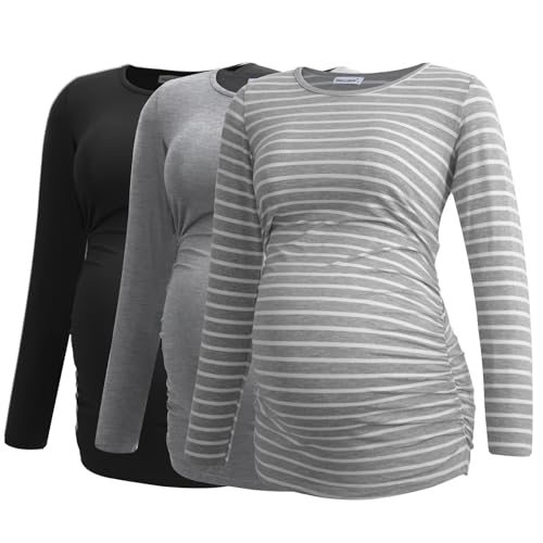 Smallshow Women’s Umstandsmode Lange ärmel Umstandsshirt Maternity Tops 3er Pack,Black-Light Grey-Light Grey Stripe,XL