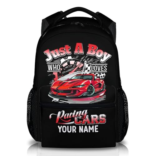 School Backpack for Boys, Personalized with Name Racing Car Backpacks for Students Kids 6-8, 17 Inches Cartoon Bookbag with Pockets for Kindergarten, Primary, Elementary, Back to School Supplies