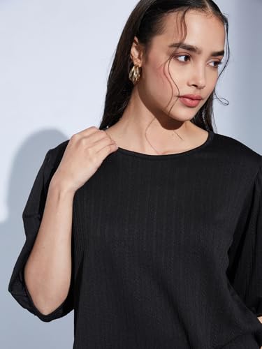 Image of Selvia Textured Lycra Plain Regular fit Round Neck Balloon Sleeve Stylish