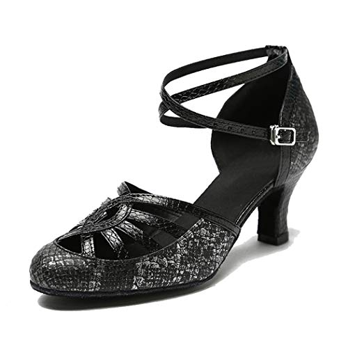 MGM-Joymod Damen-Tanzschuhe, geschlossener Zehenbereich, Schlangenleder, Synthetik, Aussparungen, Salsa, Schwarz - Schwarzer 6 cm Absatz - Größe: 38.5 EU Cover