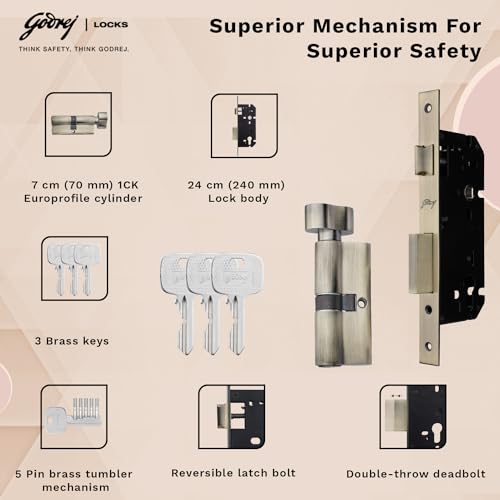 Image of Godrej Mortise Lock | Handle Lock Set | Matte Black Nickel Finish | 240 mm Lockbody | Eco Pin Cylinder 70 mm Knob from Inside and with 3 Keys| 5Years Warranty